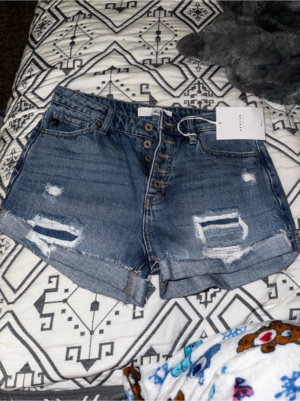 KanCan Distressed Button-Fly Medium Blue Jean Shorts